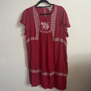 Davina Red dress Embroidered Boho Peasant Midi XL Gauze Southwest Floral Aztec